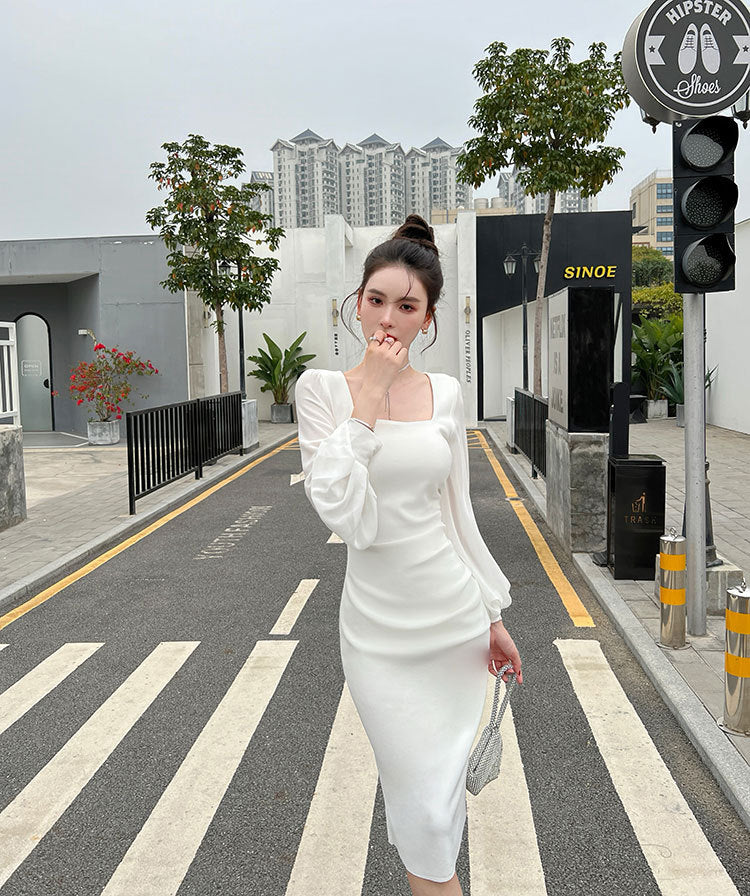 【dress】2色長袖パフ袖OL通勤ワンピースF8035