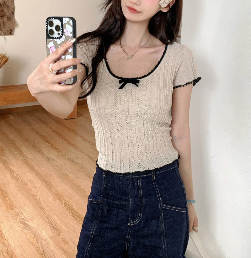 【tops】UネックリボンニットTシャツG21946