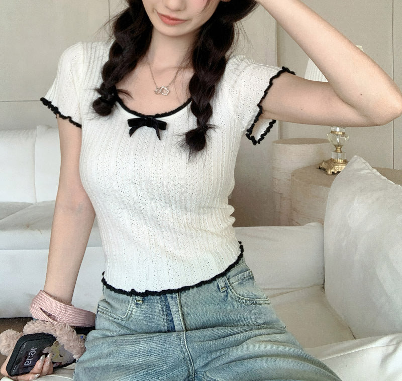 【tops】UネックリボンニットTシャツG21946