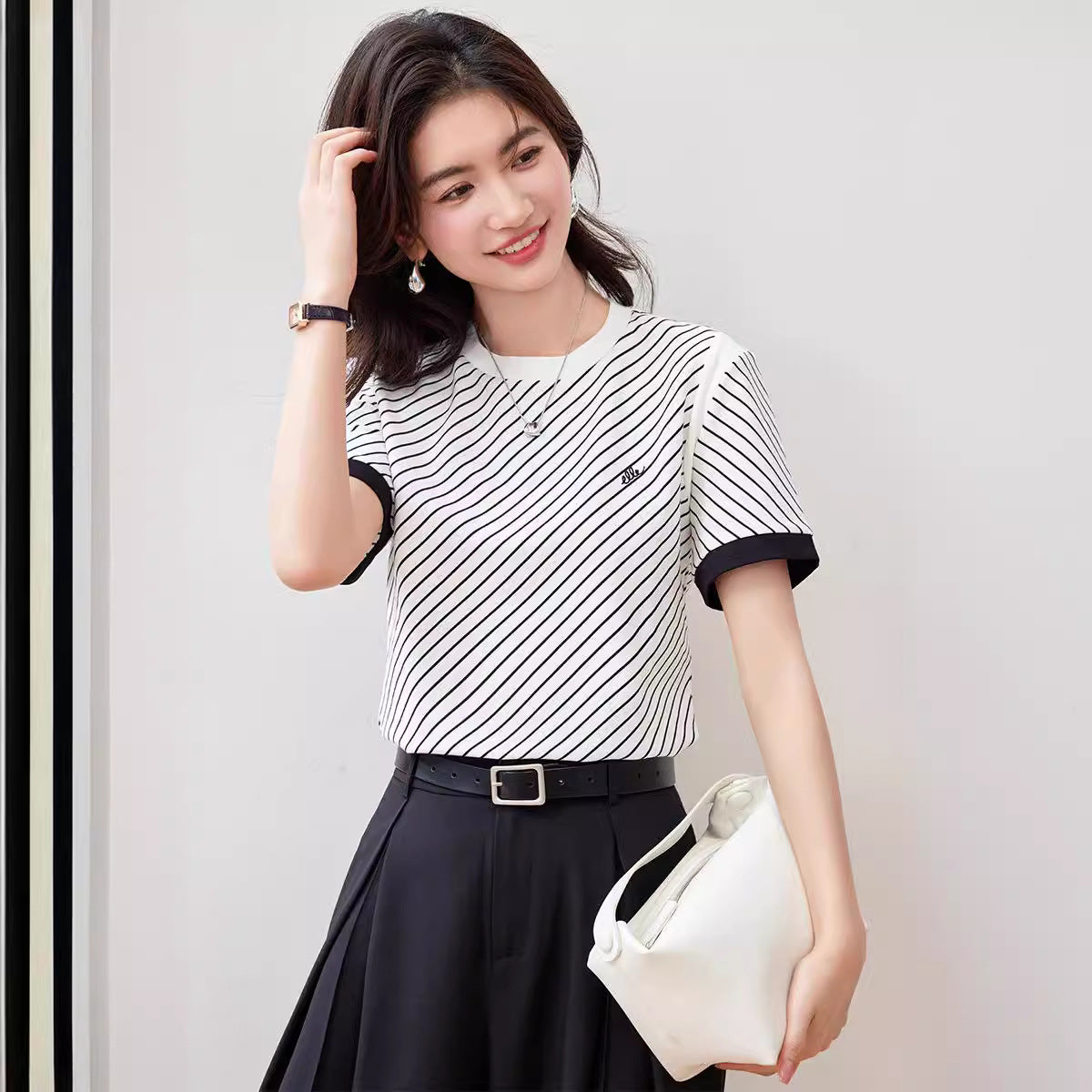 【tops】ストライプ柄ラウンドネックTシャツG21957