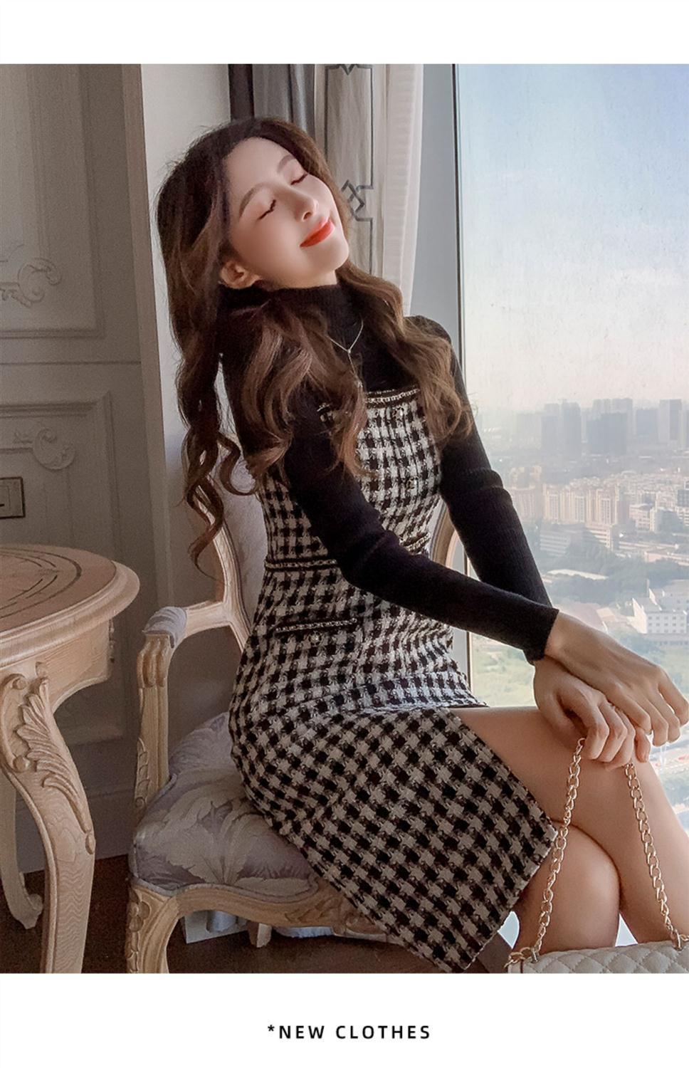 【set】秋冬トップス+チェック柄キャミワンピース2点セットG24558