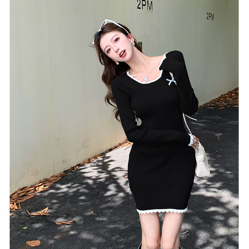 【dress】スクエアネック長袖ニットワンピースG22917