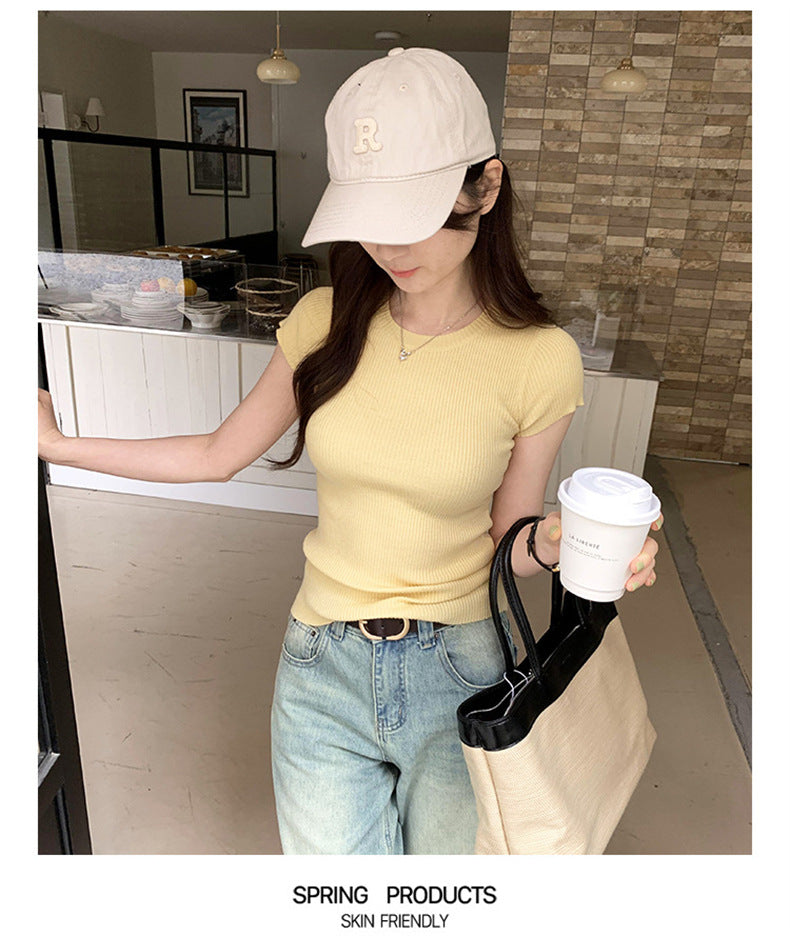 【tops】無地ラウンドネックニットTシャツG21949