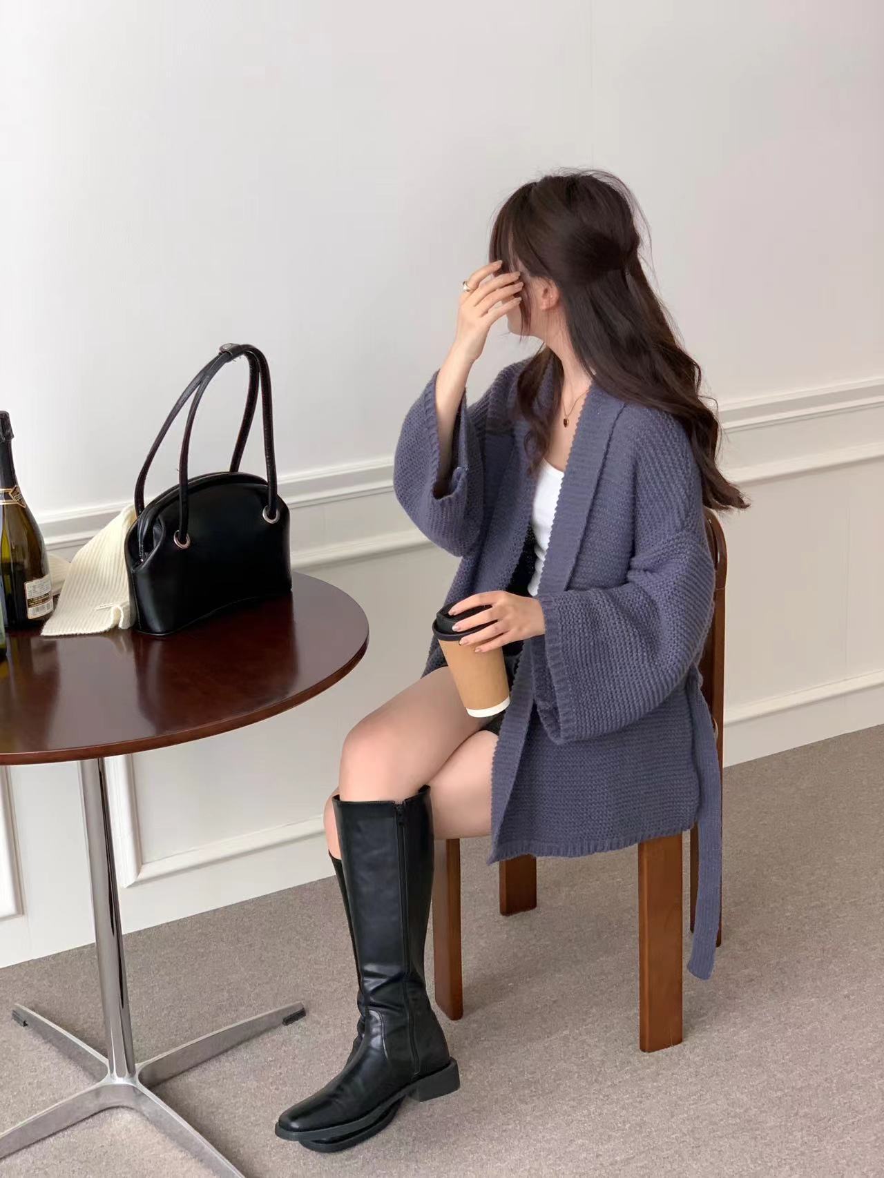 【outer】ウエストリボン長袖ニットカーディガンF8349