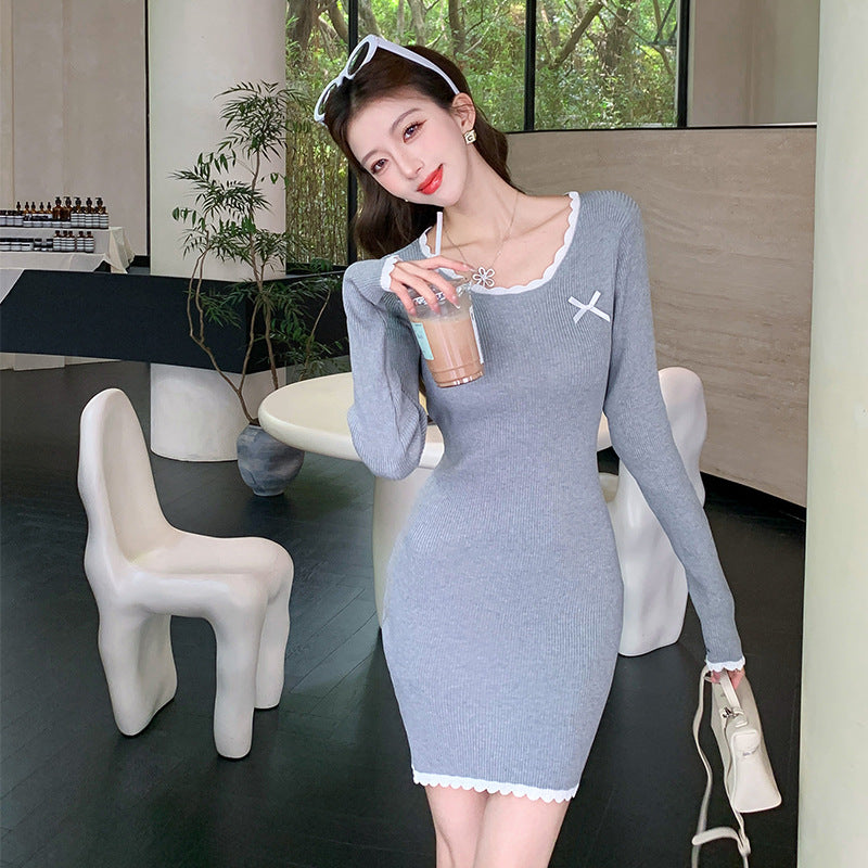 【dress】スクエアネック長袖ニットワンピースG22917
