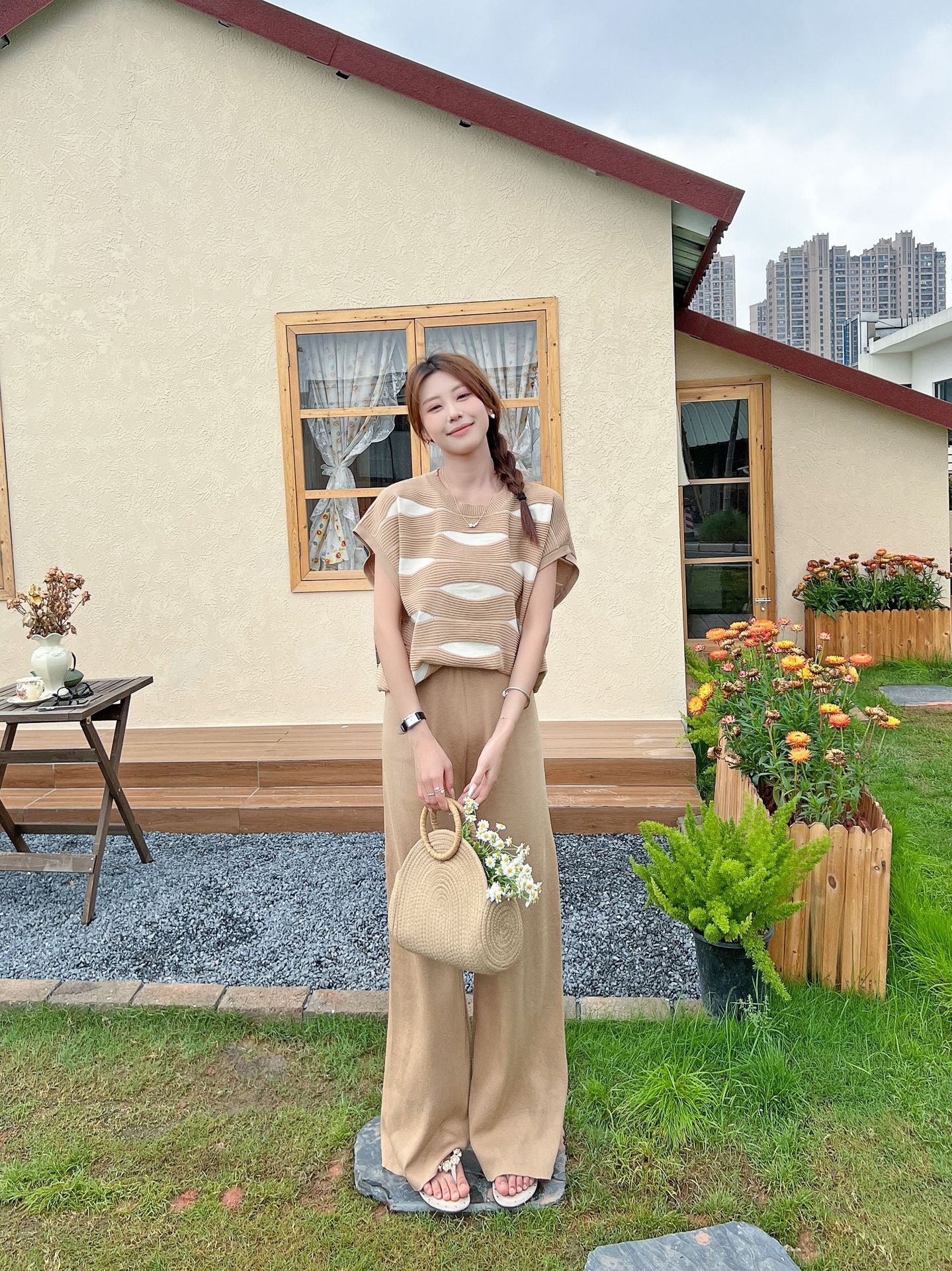 【set】ストライプ柄ニットトップス+ガウチョパンツ2点セットG21918