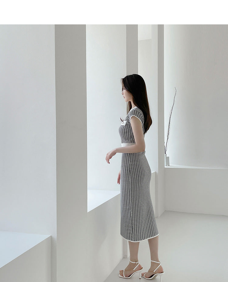【dress】Vネック千鳥格子ニットワンピースG21842