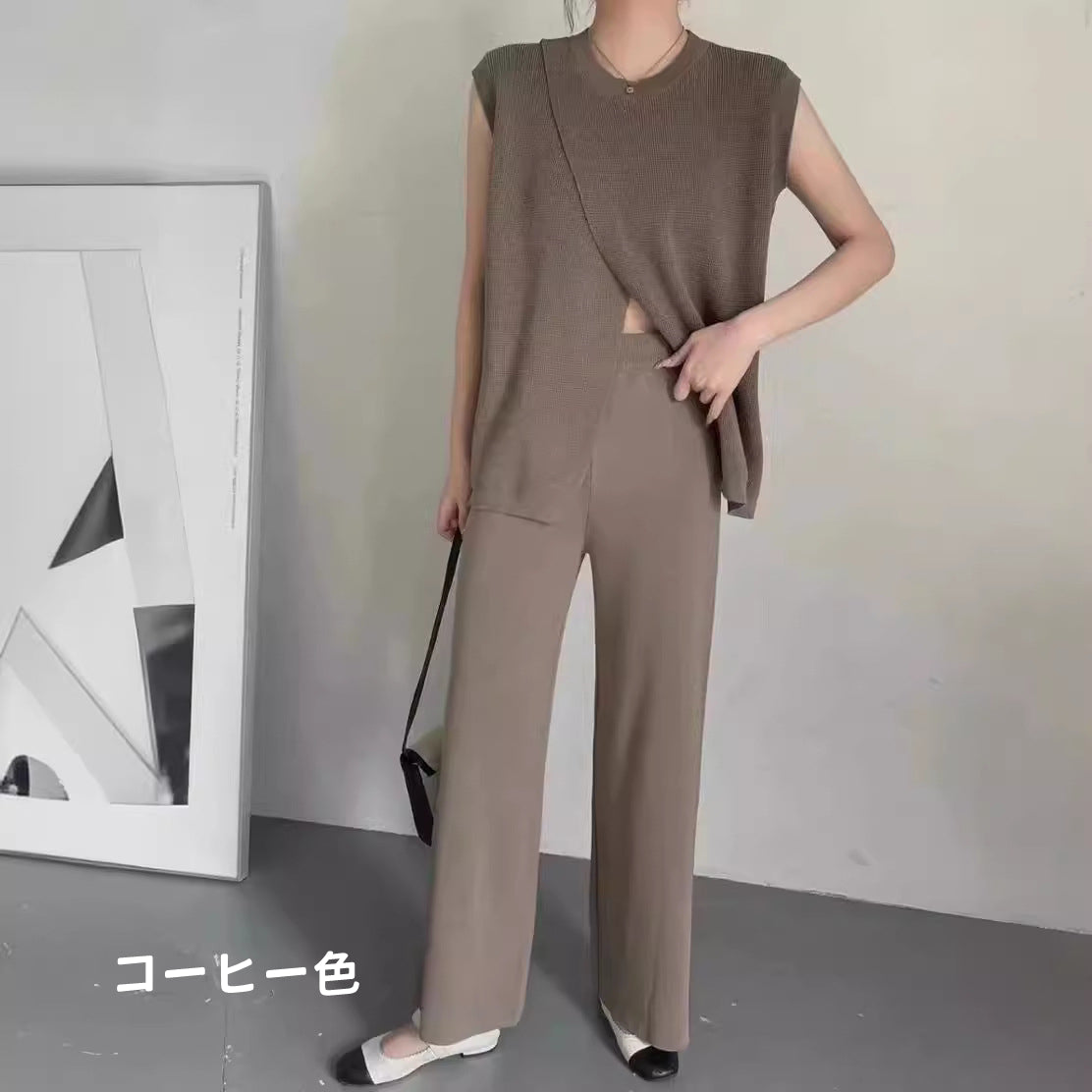 【set】ノースリーブニットトップス+ガウチョパンツ2点セットG21921