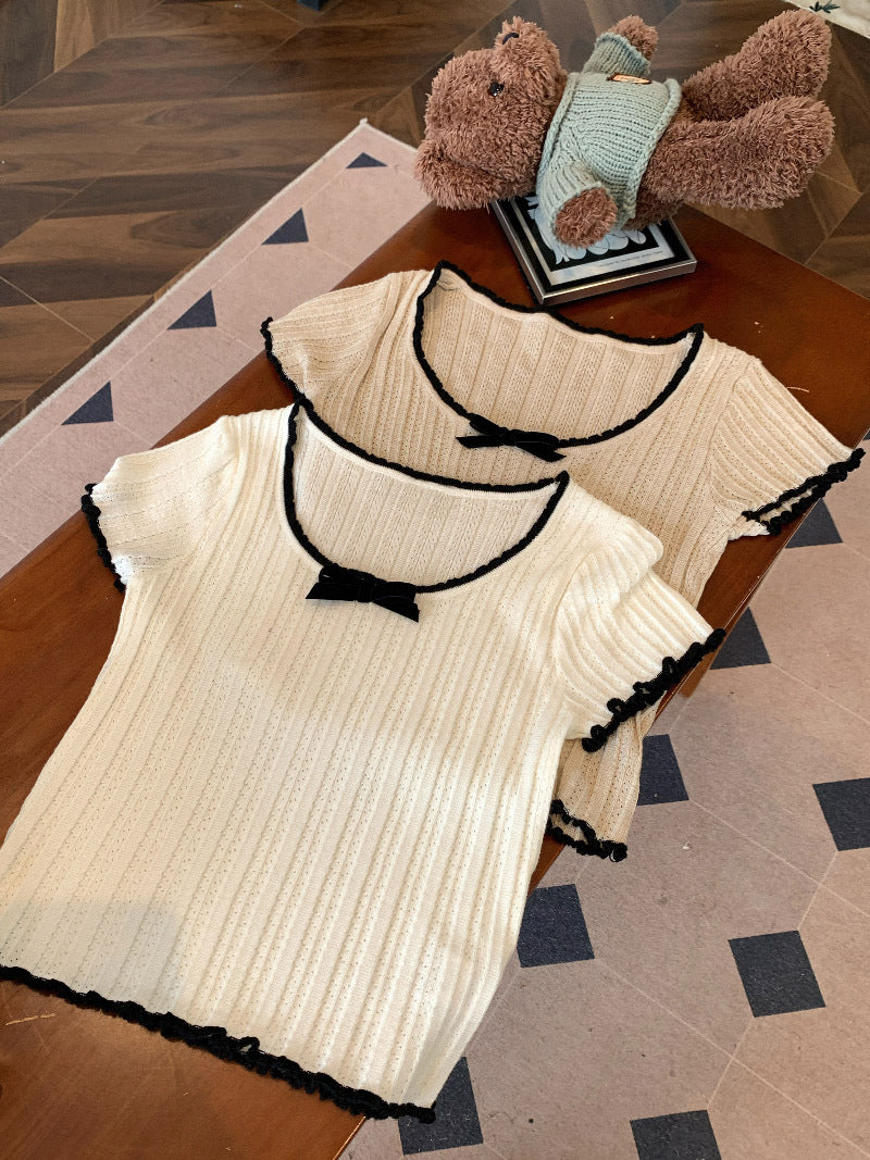 【tops】UネックリボンニットTシャツG21946