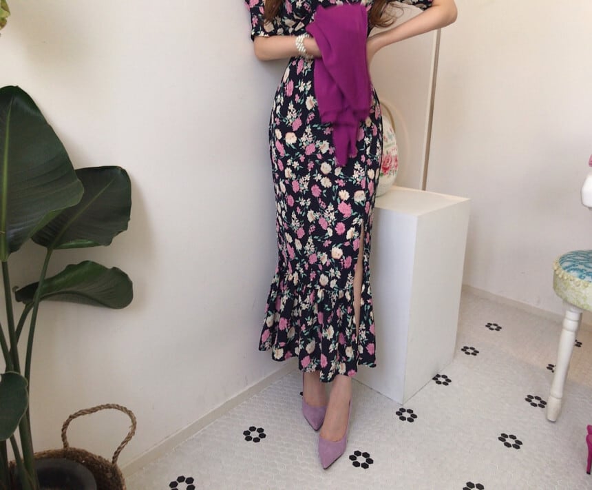 【dress】エレガントVネック気質満点夏スリット体型カバー着痩せシフォンワンピース G8301