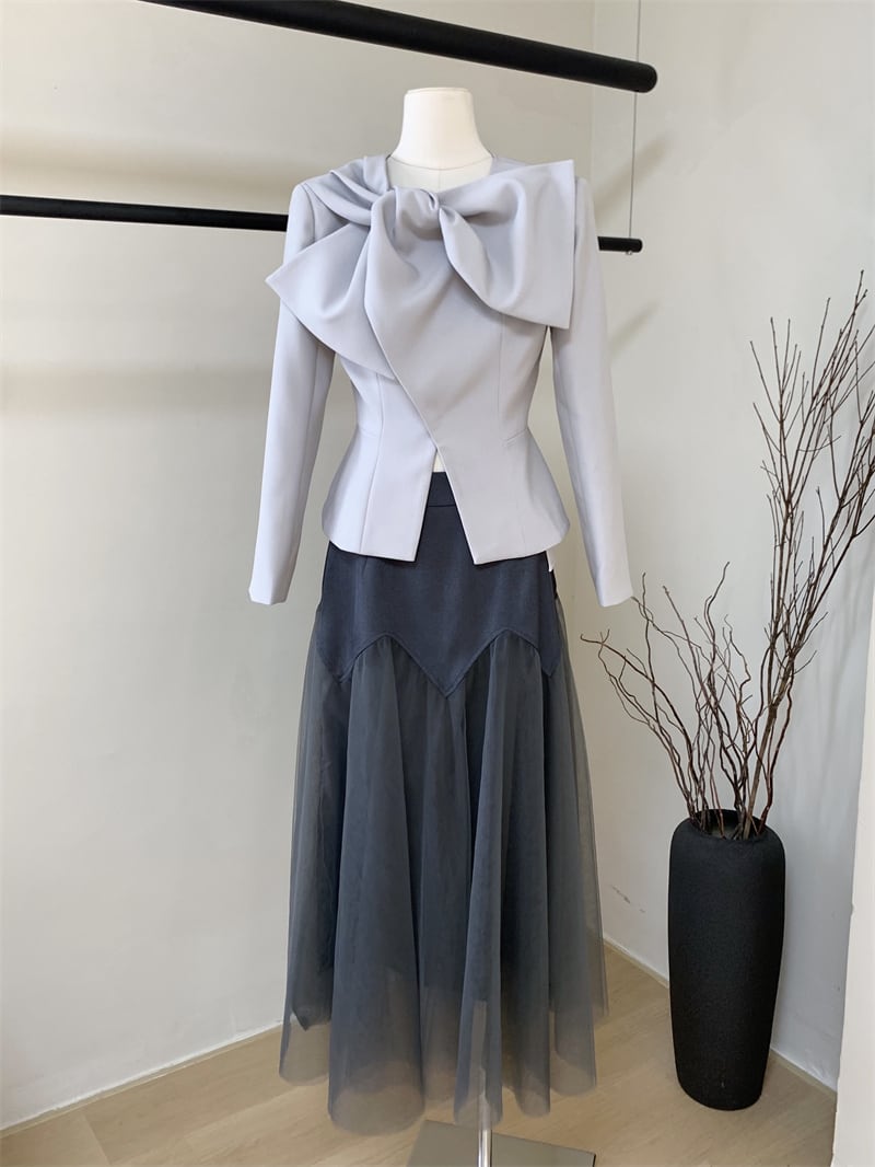【set】リボン付きアウター×チュールスカートセット N2703