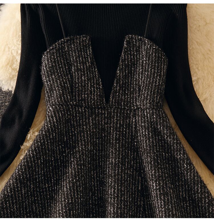 【set】話題沸騰中2点セット無地セーター+配色Aラインキャミワンピース通勤日常セットアップF0961