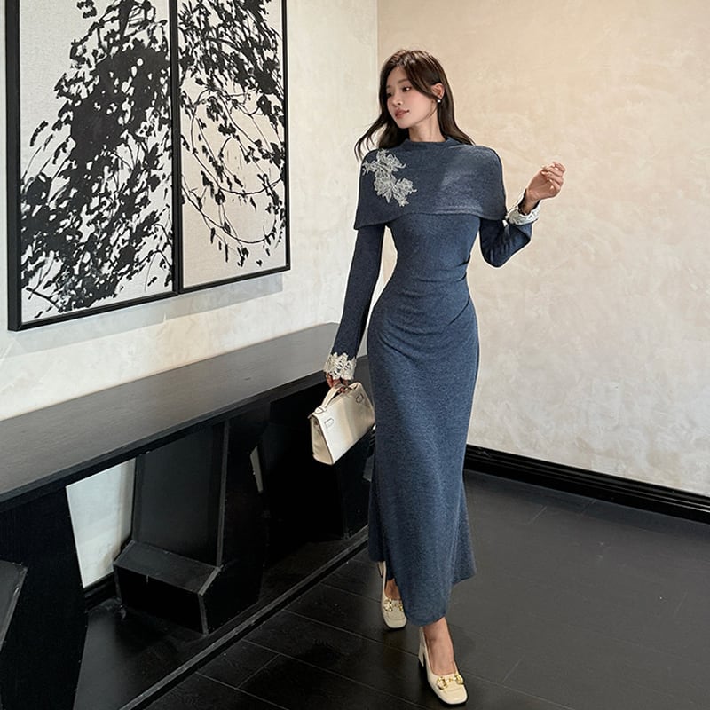 【dress】刺繡ケープレット付きワンピース Q7005