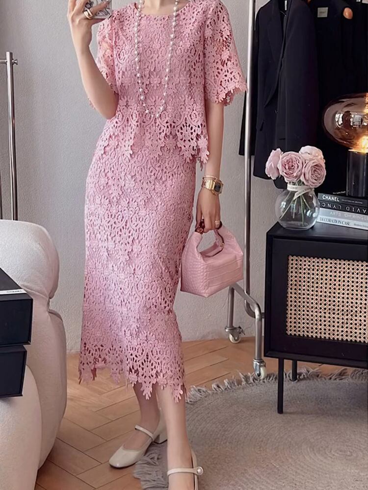 【set】半袖ブラウス+スカートレース2点セットF7447