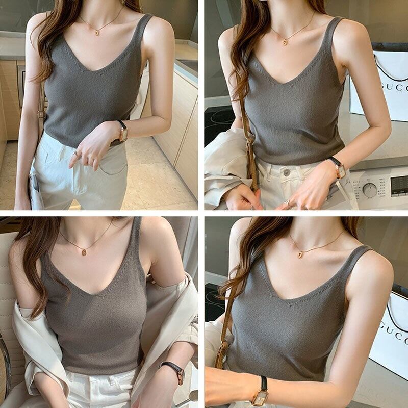 【tops】気質溢れる♪5色レトロVネックノースリーブ薄手ニット無地着回しキャミソールF0480