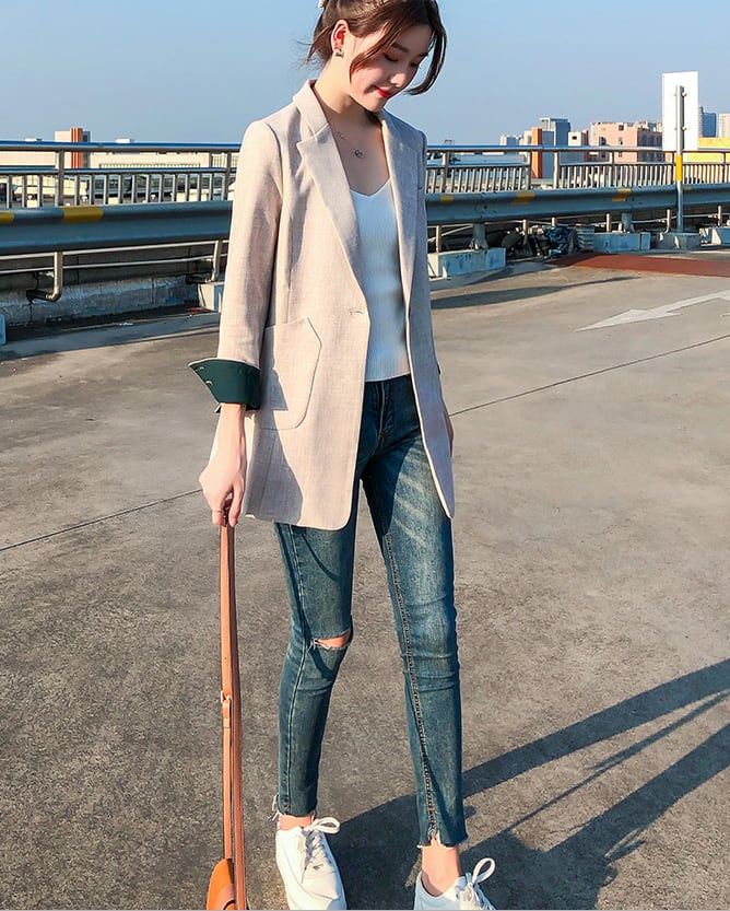 【outer】話題沸騰中2色OL通勤秋新作大きいラペル長袖配色着回しスーツジャケットF0945