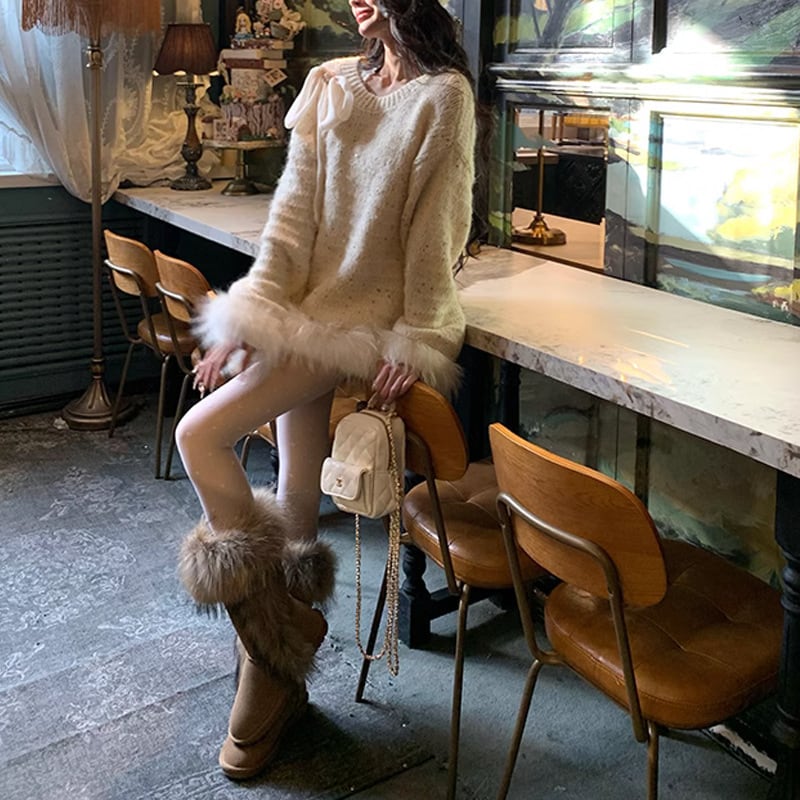 【tops】リボン付きファーニットセーター M28845