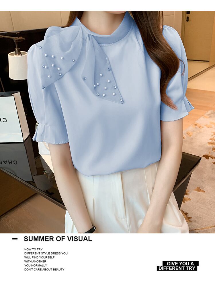 【tops】美人度アップ!スウィートリボンルーズシフォンパフスリーブフランス風シャツ G6683