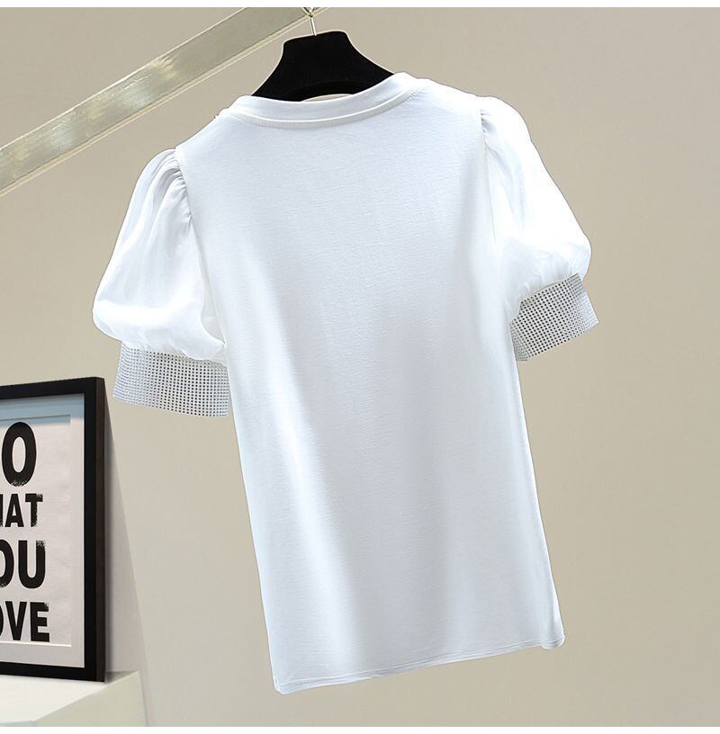 【tops】ラウンドネック半袖ビーズTシャツF7326