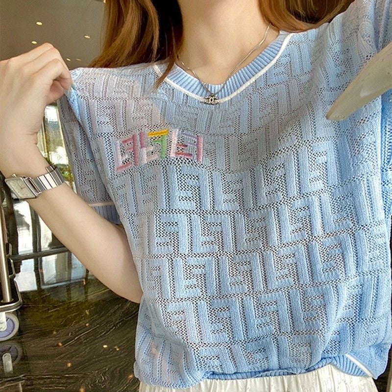 【tops】ラウンドネックニットTシャツF7638