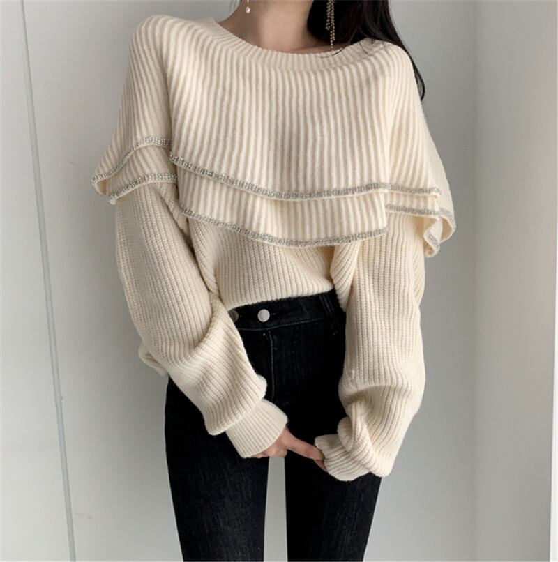 【tops】細身効果抜群♪2タイプラウンドネック長袖フリル配色ファッション着回しニットセーターF0920