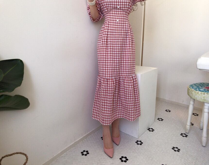 【dress】優しい雰囲気気質満点レトロスクエアネック着痩せ5分袖チェック柄ワンピース G1641