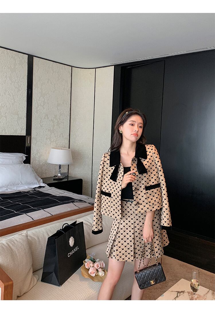 【set】気質満点チェック柄リボンアウター+スカートオシャレ2点セット G3106