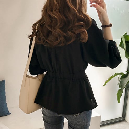 【tops】好感度満載!Vネック長袖ギャザーウェスト絞り無地ブラウス