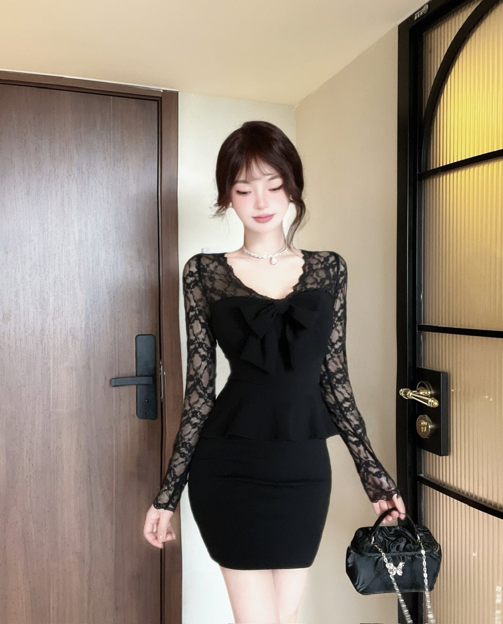 【dress】レース切り替えリボン付きワンピース M27379
