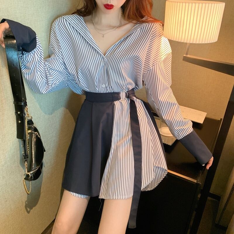 【set】ファッション気質満点個性派スカート+切り替えストライプ柄シャツワンピース2点セット G9207