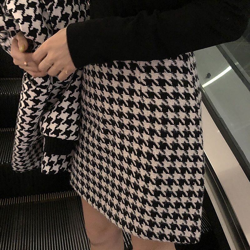【set】ポケット付き千鳥柄コート+スカート2点セットF6391