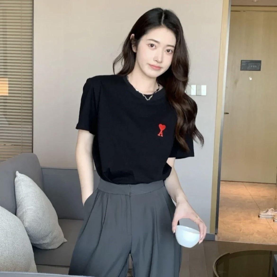 【tops】2色ハート柄TシャツF7632