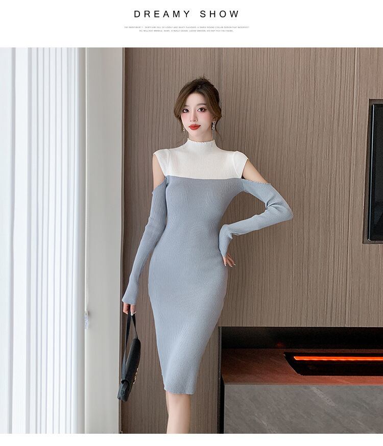 【dress】配色ドッキングオフショルダーニットワンピース M18121