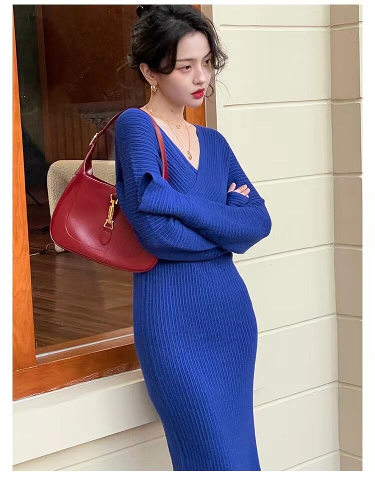 【dress】優しい雰囲気韓国風INS風Vネック長袖ウェスト絞り無地着やせニットワンピースF3383