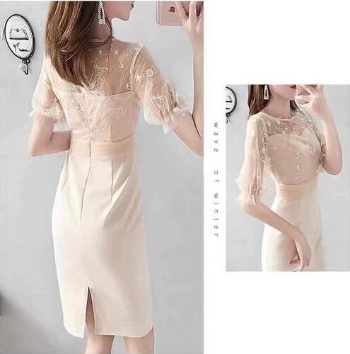 【dress】気質溢れる♪エレガントOL通勤ラウンドネックラッパ袖レース切り替えデートワンピースF2026