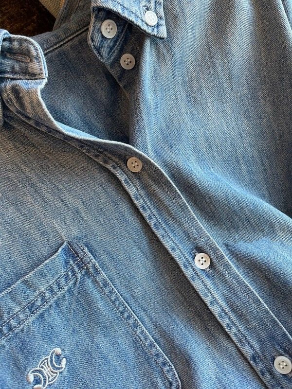 【tops】POLOネック長袖デニムブラウスF8026
