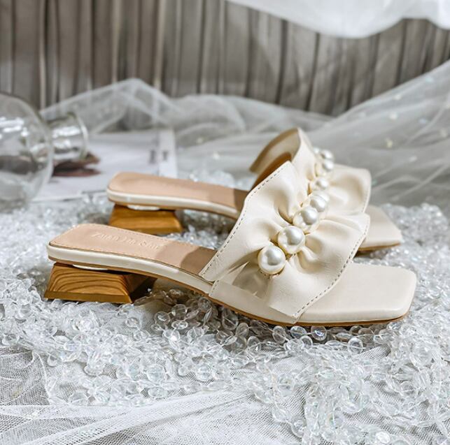 【shoes】美人度アップ3色スクエアトゥ履きやすい合わせやすいビーズ飾りスリッパサンダルF2754