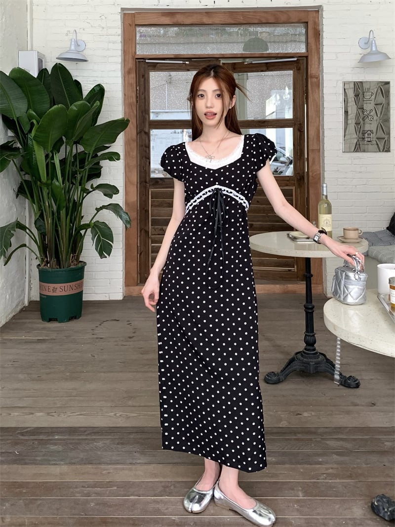 【dress】レース切り替えドット柄ワンピース M29690