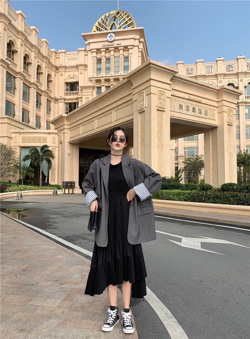 【bottoms】美人度アップ無地ファッション不規則シフォンハイウエストプリーツスカート