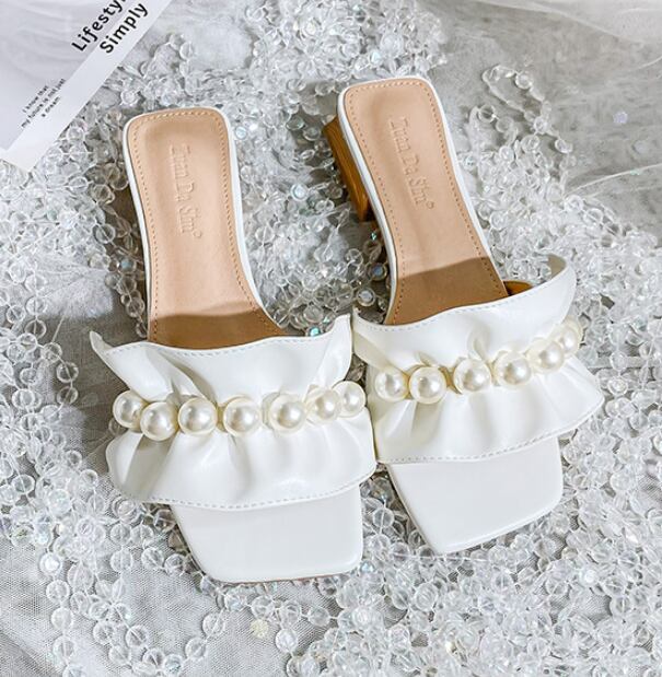 【shoes】美人度アップ3色スクエアトゥ履きやすい合わせやすいビーズ飾りスリッパサンダルF2754