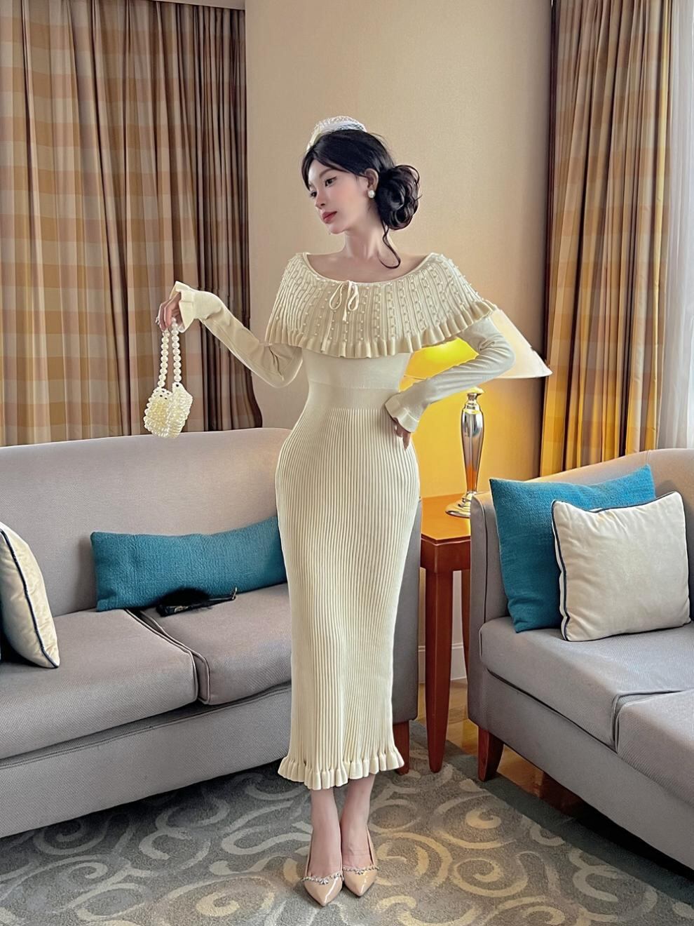 【dress】ラバティンカラーニットワンピース Q7046