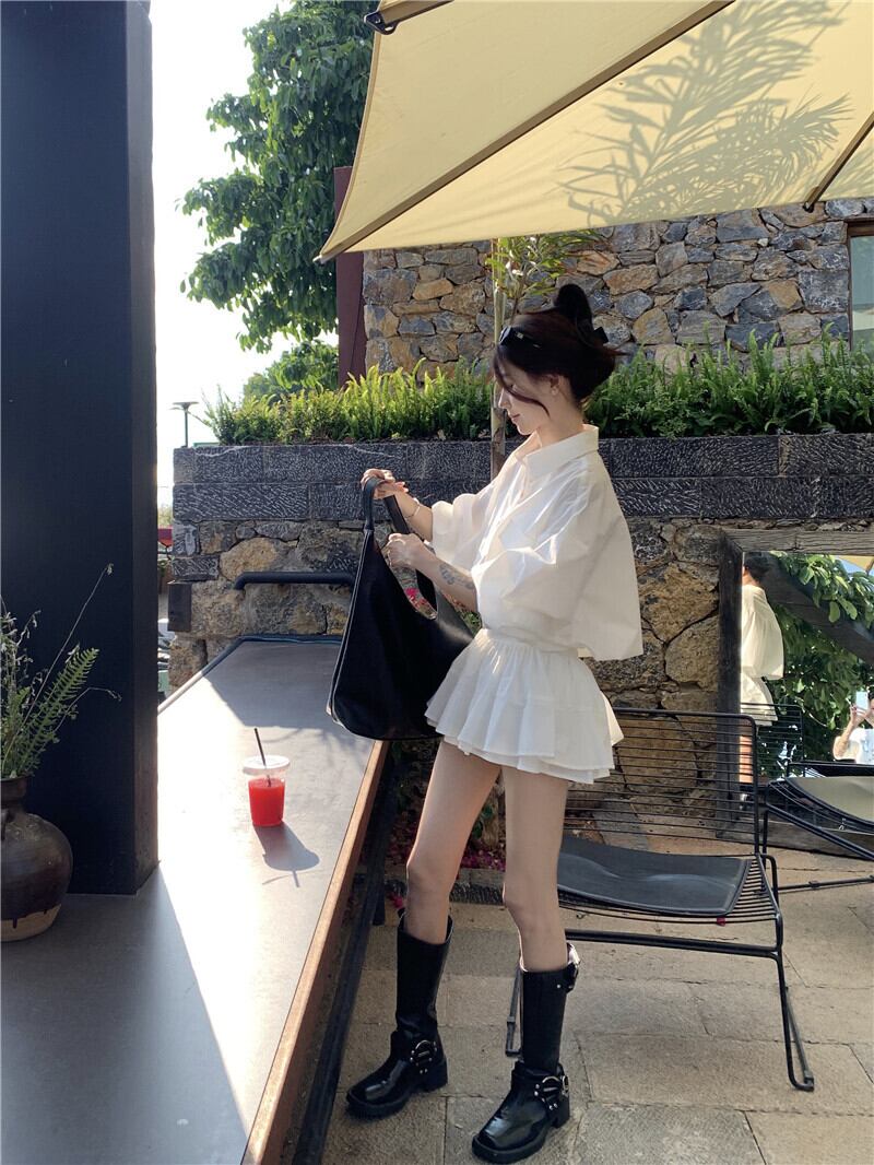 【set】POLOネックブラウス+スカート2点セットG21434