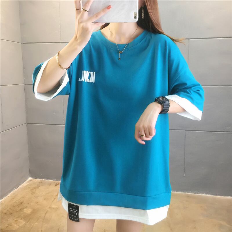 【tops】ラウンドネック半袖カジュアル偽二つ切り替え配色着まわしTシャツ