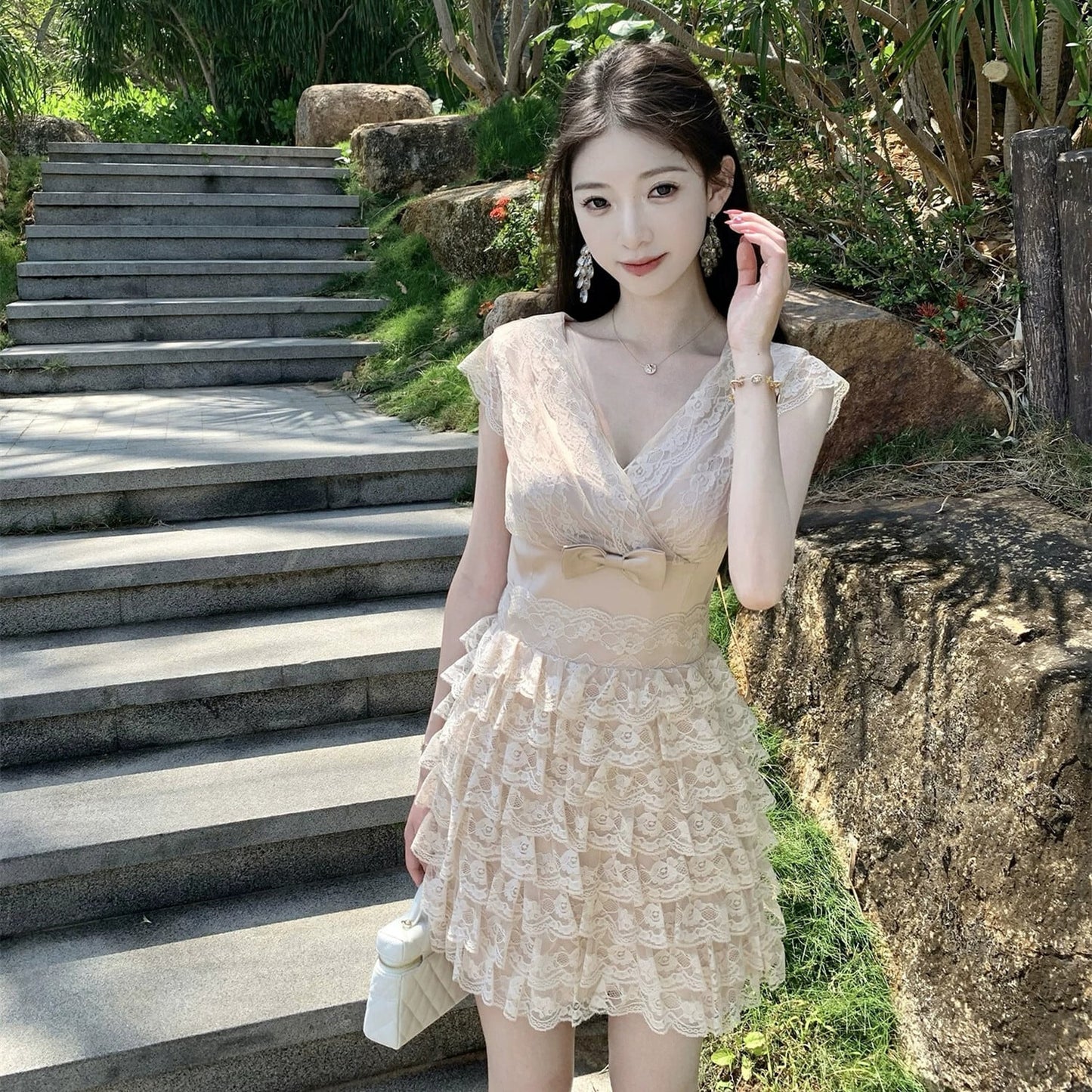 【dress】リボン付きティアードミニワンピース N3556