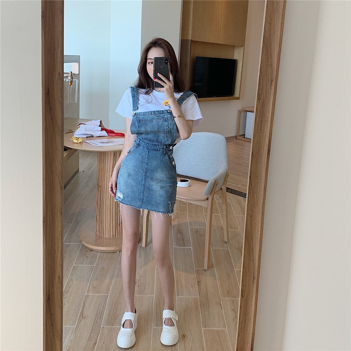 【bottoms】無地合わせやすいデニムショート丈蝶々結びサスペンダースカートF0625