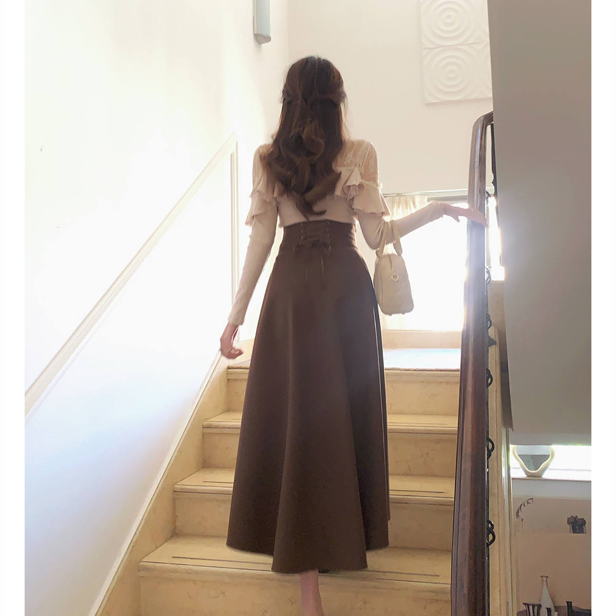 【set】レースフリルニットトップス×ロングスカートセット N3477