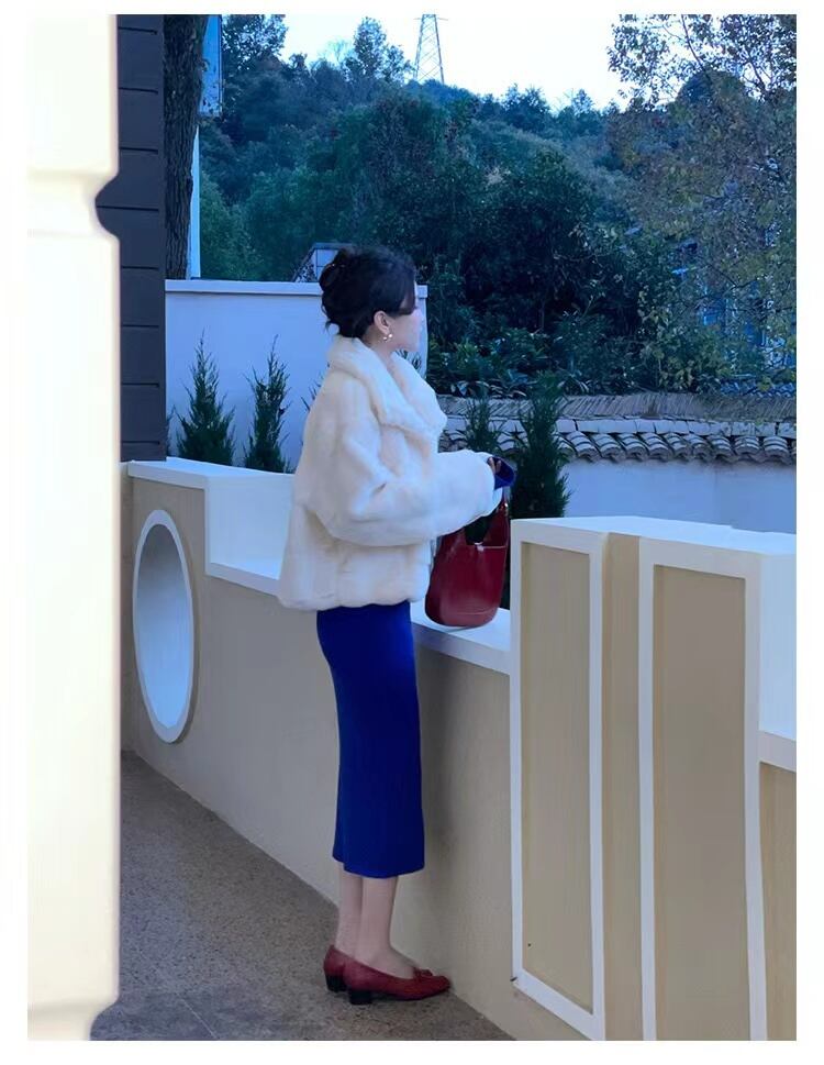 【dress】優しい雰囲気韓国風INS風Vネック長袖ウェスト絞り無地着やせニットワンピースF3383