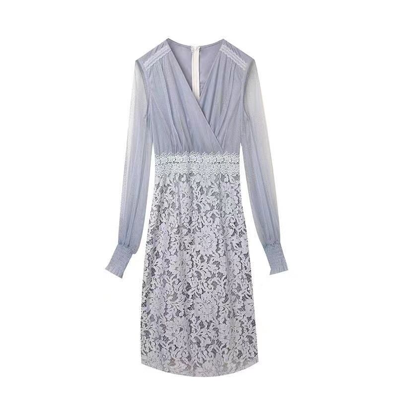 【dress】店長推薦OL通勤Vネック長袖メッシュレース切り替え韓国風体型カバーワンピースF1759