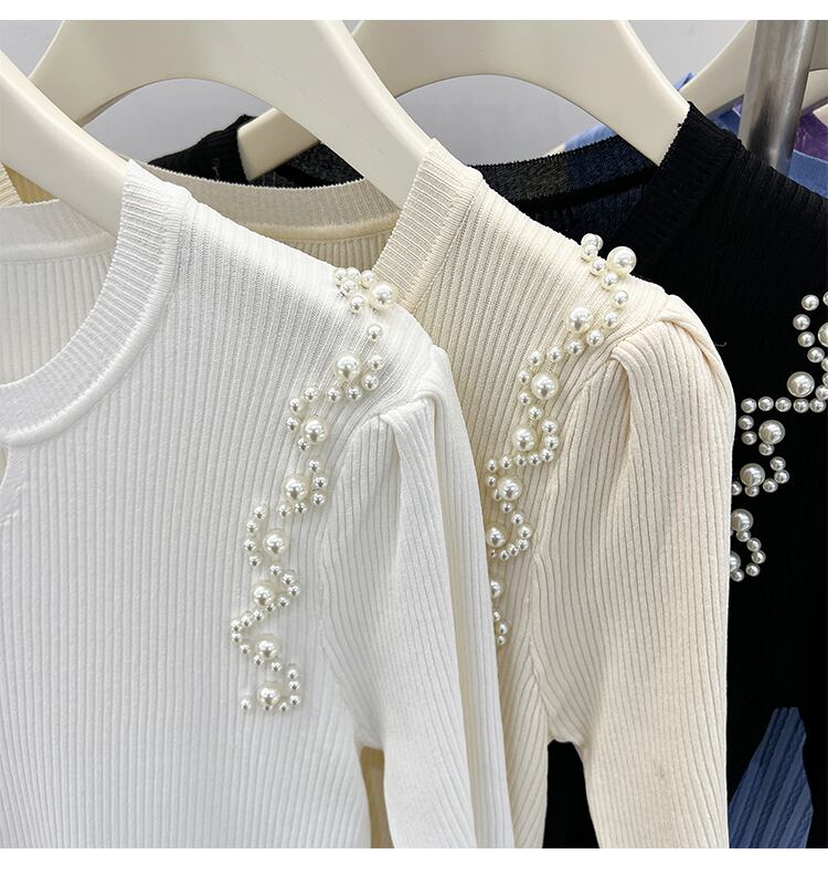 【tops】ビーズ半袖ニットTシャツF7310