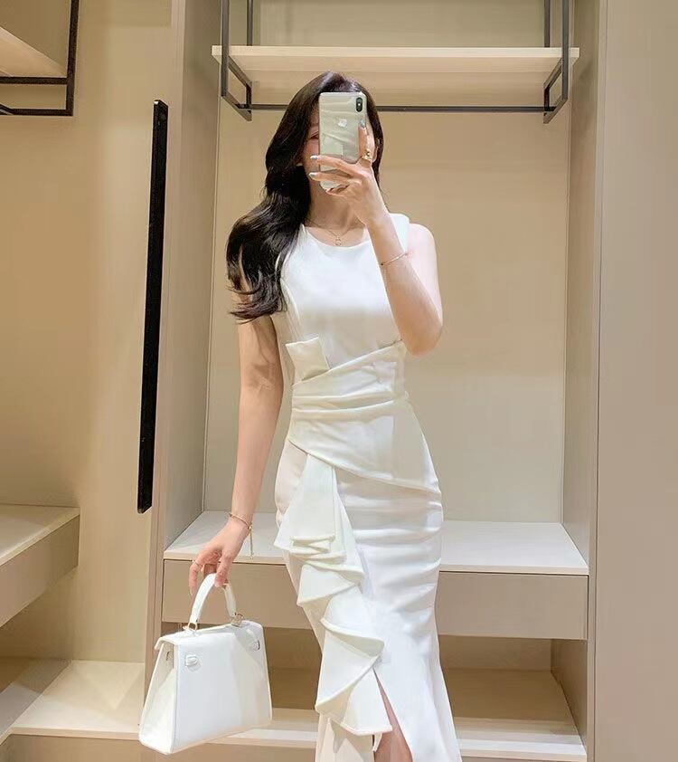 【dress】細身効果抜群♪夏新作3色ラウンドネックノースリーブ無地スリットフリル二次会披露宴ワンピースF2648